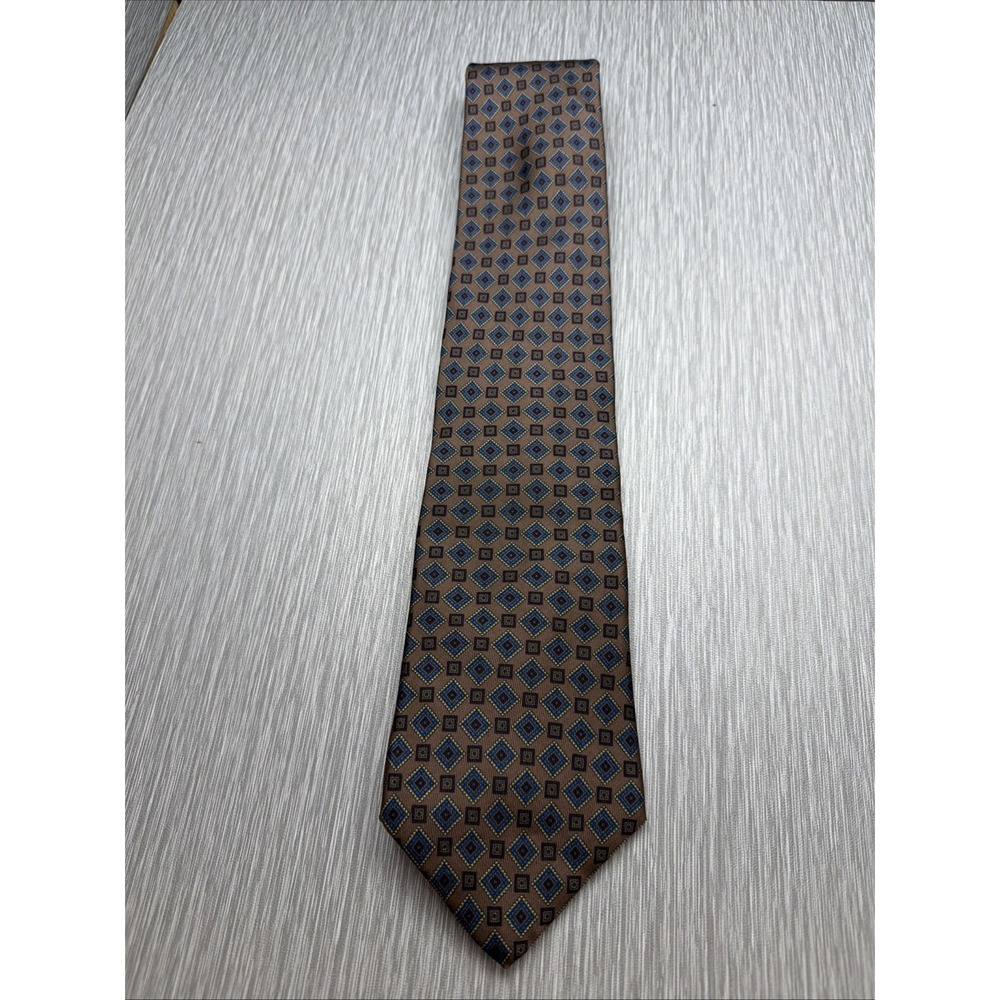 Liberty Mens Silk Tie Brown Blue Geometric Medallion Necktie Made in USA